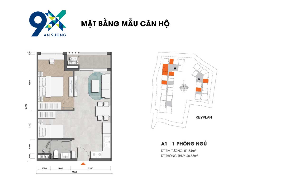 9X An Sương Mẫu căn A1- 1PN tại dự án 9X An Sương