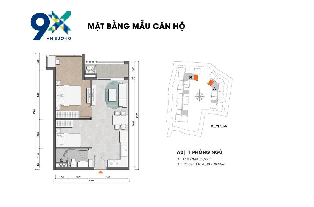 9X An Sương Mẫu căn A2- 1PN tại dự án 9X An Sương